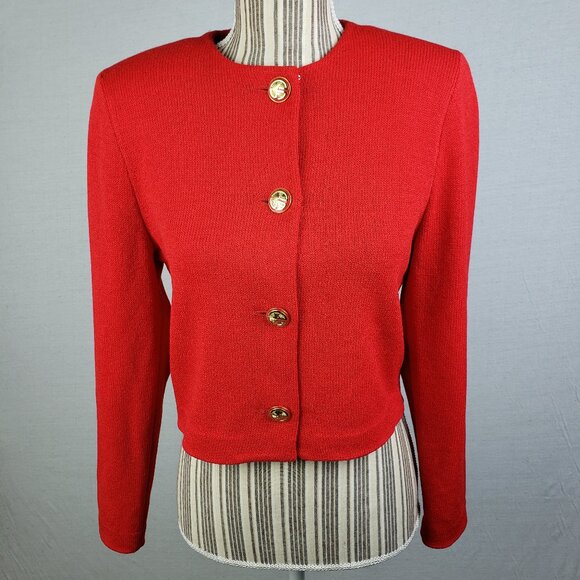 ST. JOHN Blazer Jacket Santana Knit Red Gold Buttons size 6 Classic Preppy - Picture 2 of 14